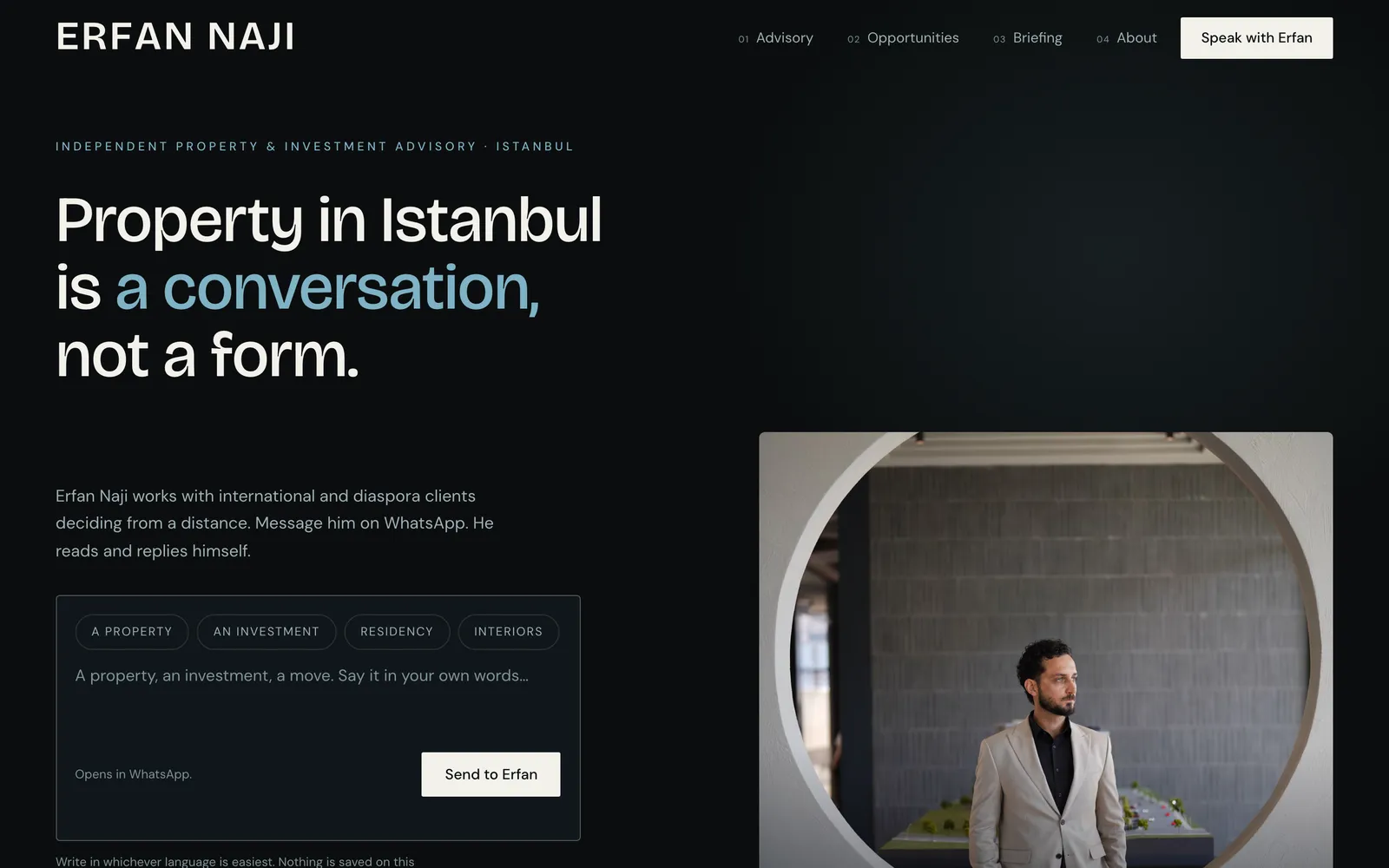 The Erfan Naji home page: a dark layout headed "Property in Istanbul is a conversation, not a form", with a message box beside a portrait.