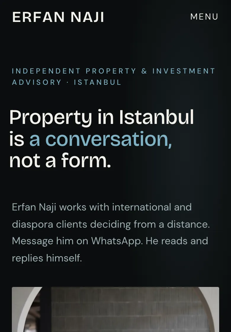 The Erfan Naji home page: "Property in Istanbul is a conversation, not a form", with a message box beside his portrait.