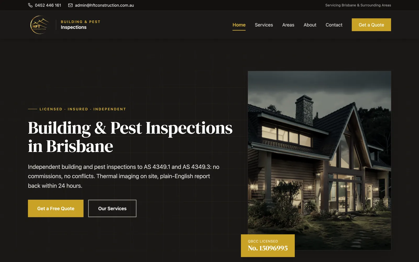 The HFT home page: "Building & Pest Inspections in Brisbane" over a dark layout, with the QBCC licence number shown on the hero photograph.