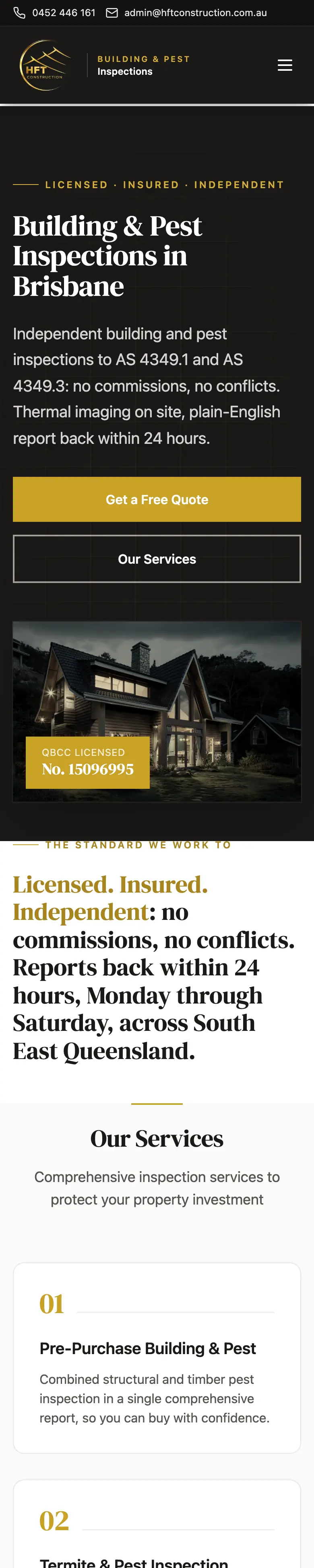 The HFT home page: "Building & Pest Inspections in Brisbane" over a dark layout, with the QBCC licence number shown on the hero photograph.
