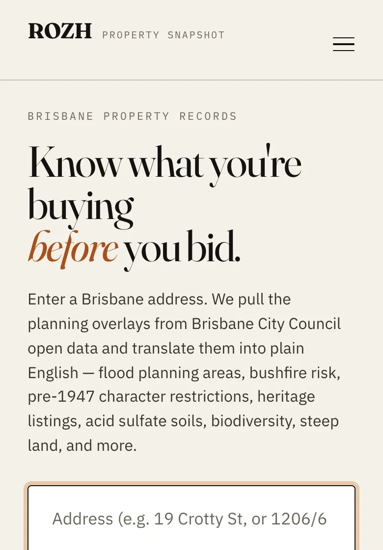 The ROZH home page: "Know what you're buying before you bid", above a single Brisbane address field.