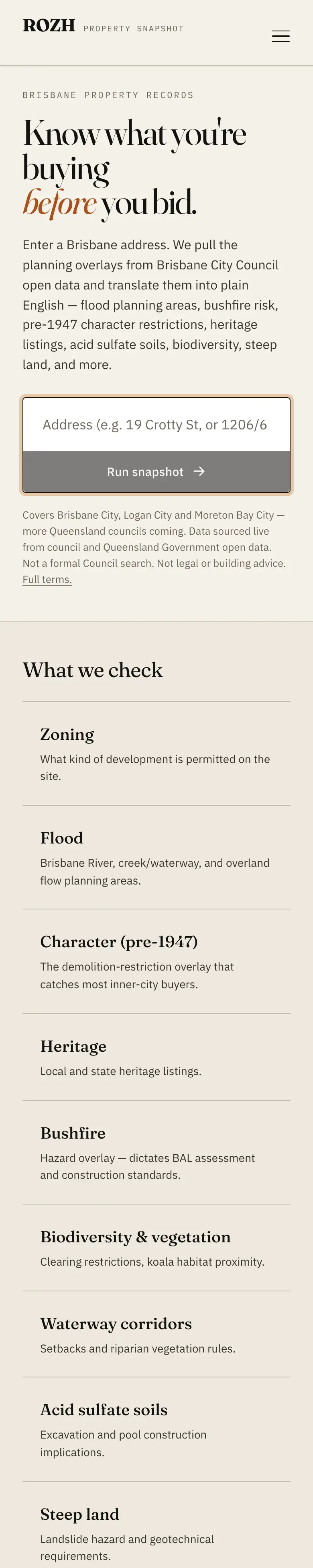 The ROZH home page: "Know what you're buying before you bid", above a single Brisbane address field.