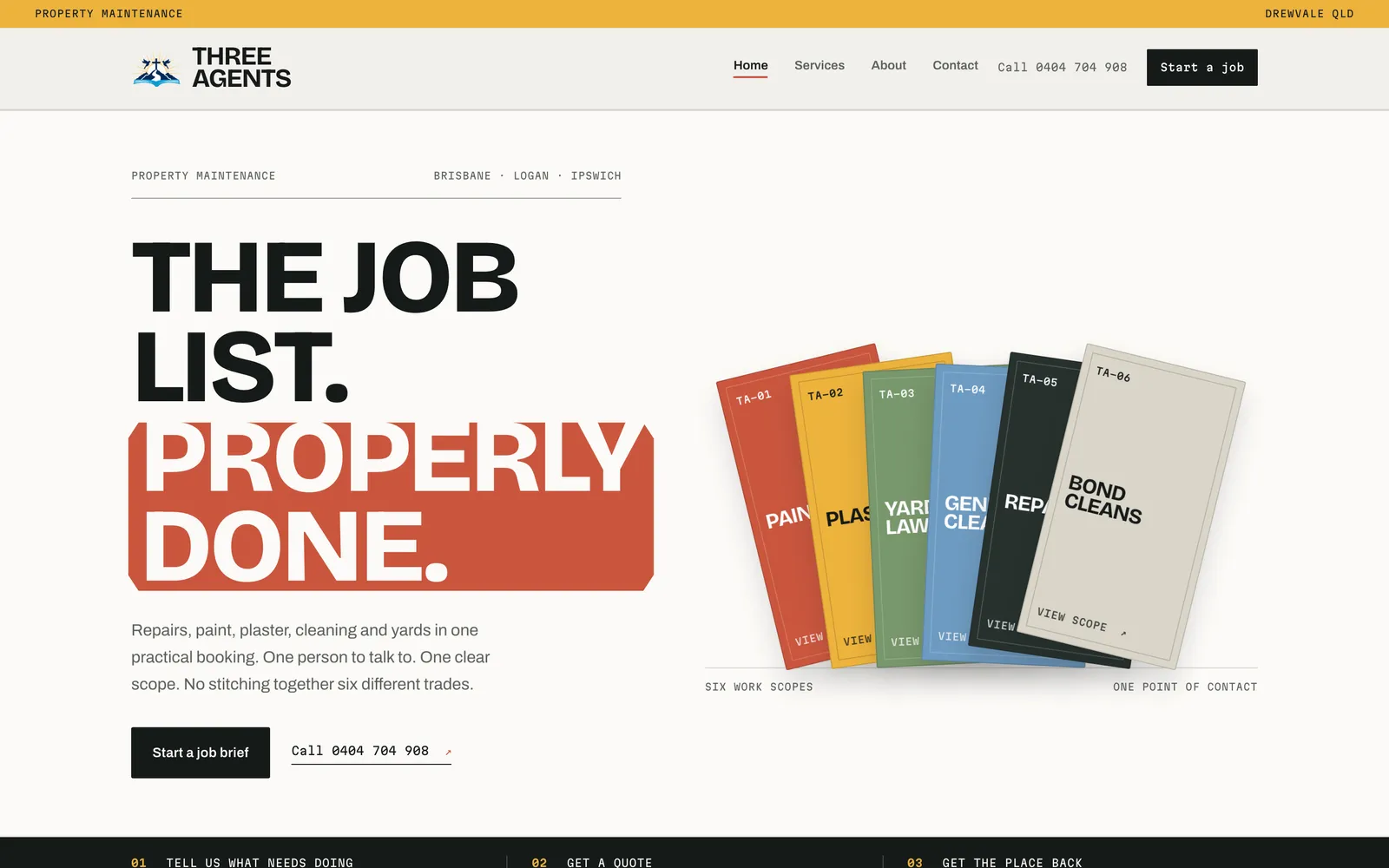 The Three Agents home page: "The job list. Properly done." beside six fanned work-scope cards, one per trade.